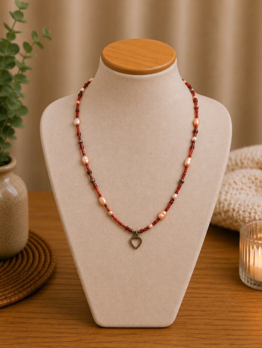 Delicate Red Beaded Necklace with Heart Pendant